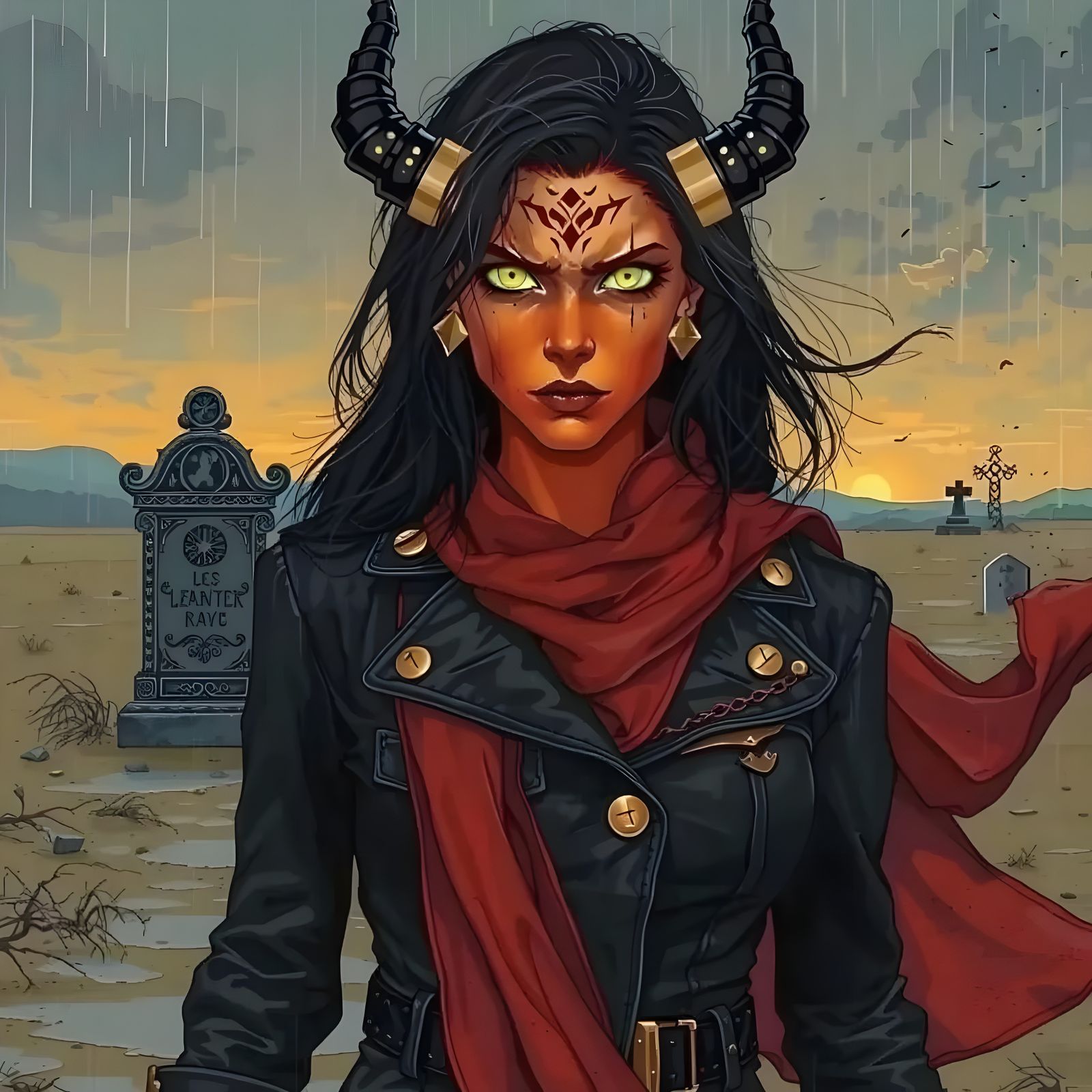 Surreal Female Tiefling Warrior in Dark Fantasy Landscape