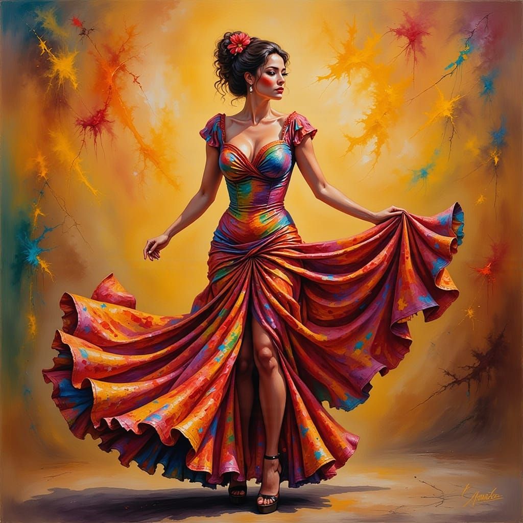 Vibrant Spanish Flamenco Dancer in Abstract Expressionist St...