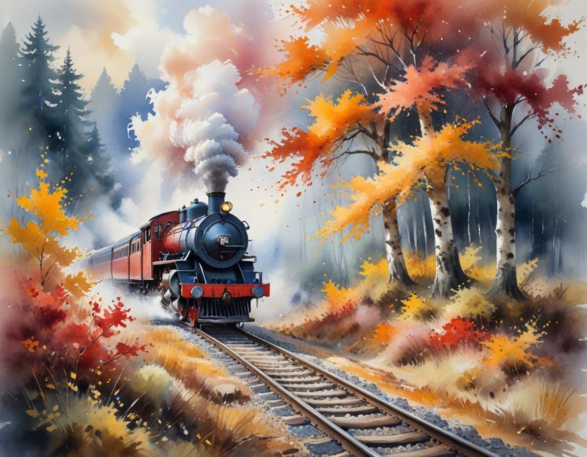 Vintage Steam Train Through Autumn Woods in Watercolor