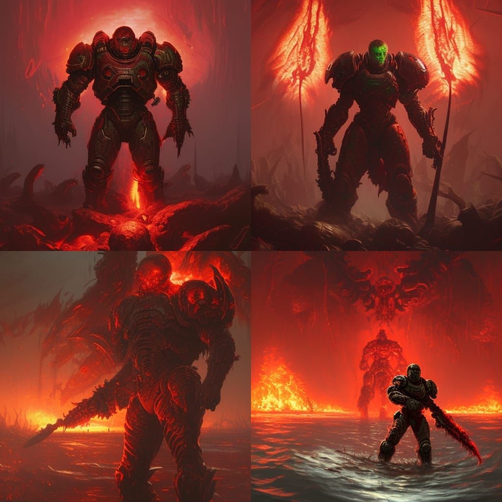 Doom Slayer in Crimson Hellscape: Dark Fantasy Art