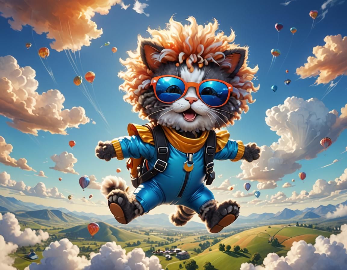 Cartoon Cat Skydiving: Pixar-Style Anthropomorphic Art