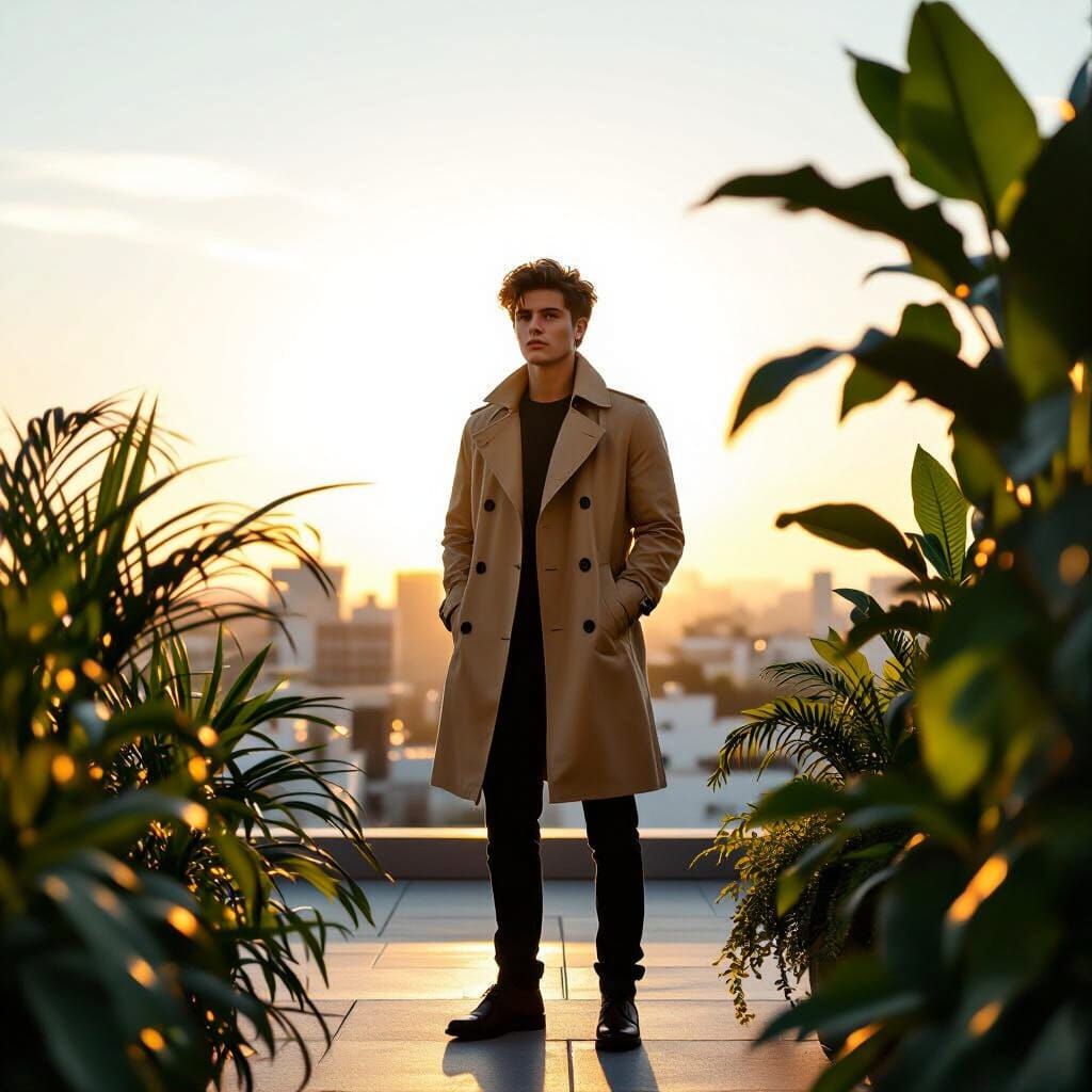 Young Man in Trench Coat on Rooftop at Golden Hour