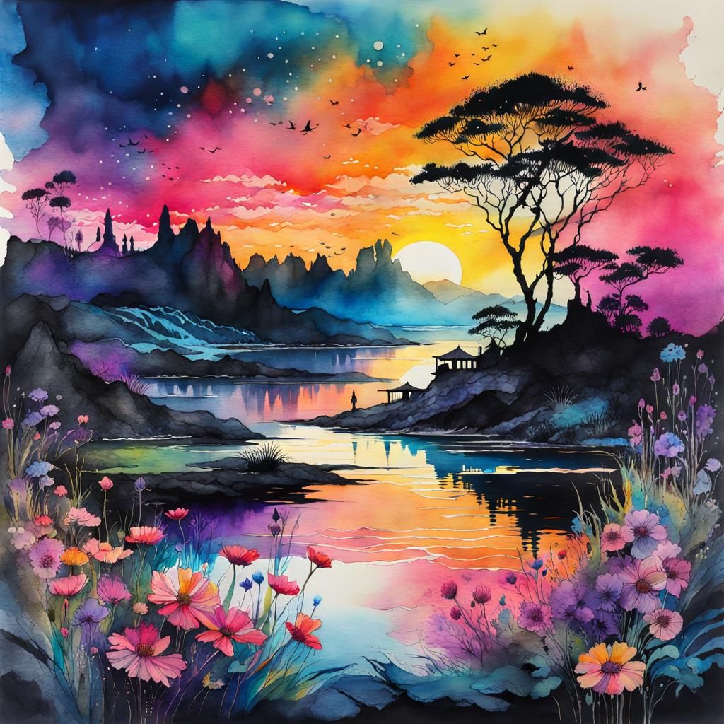 Surreal Watercolor Sunrise Landscape on Aged Paper
