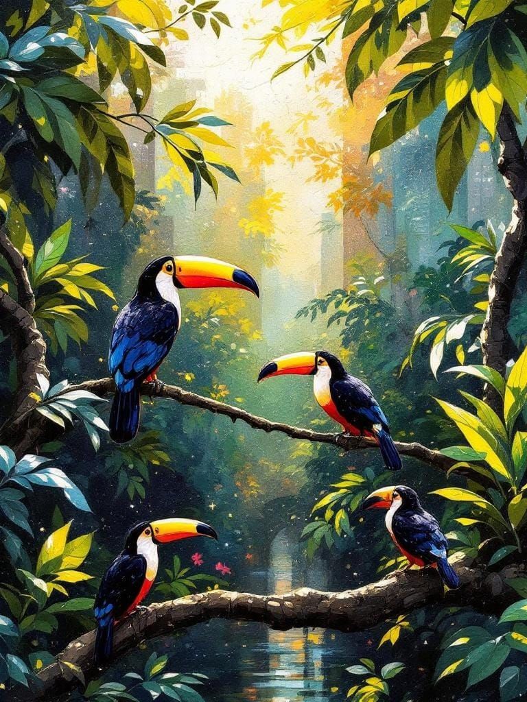 Toucans in Jungle: Encrustique Impressionist Rendering