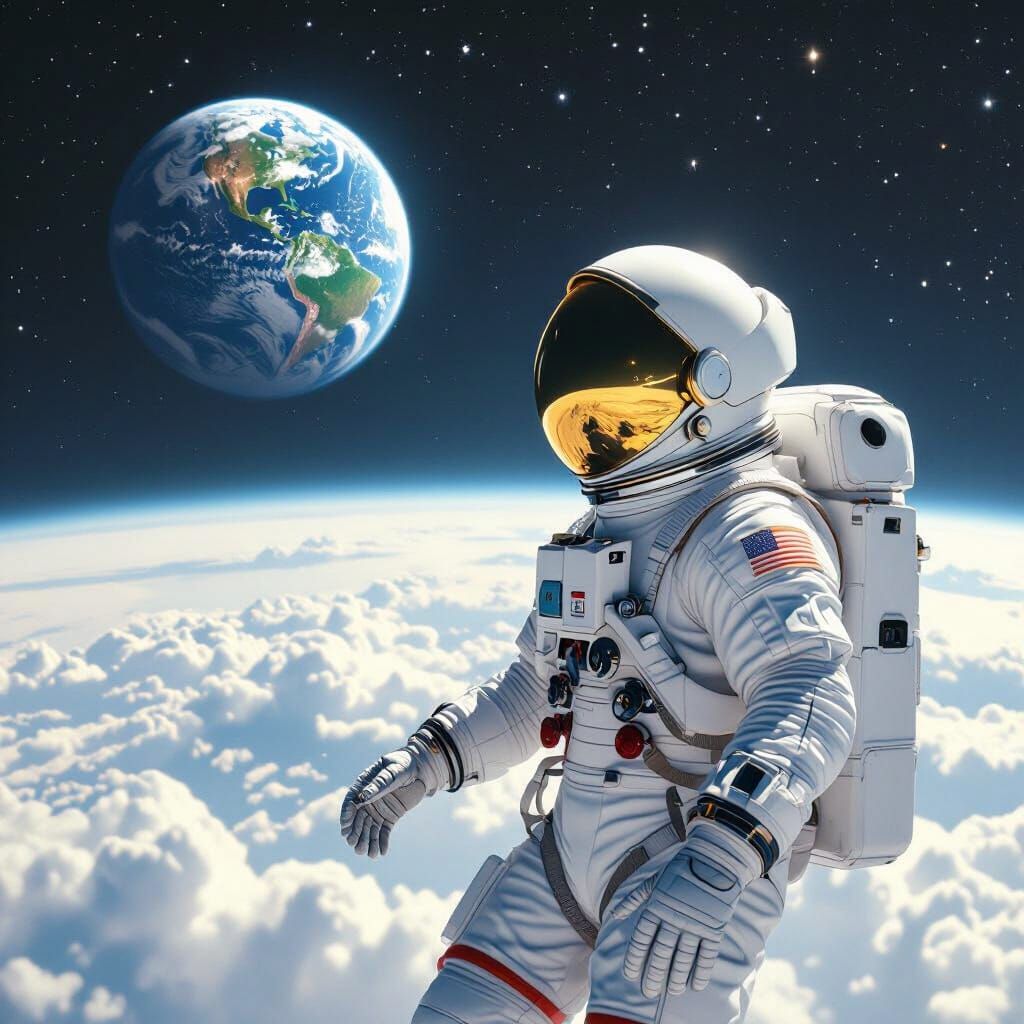 Astronaut Gazing at Earth in Surreal Dreamscape