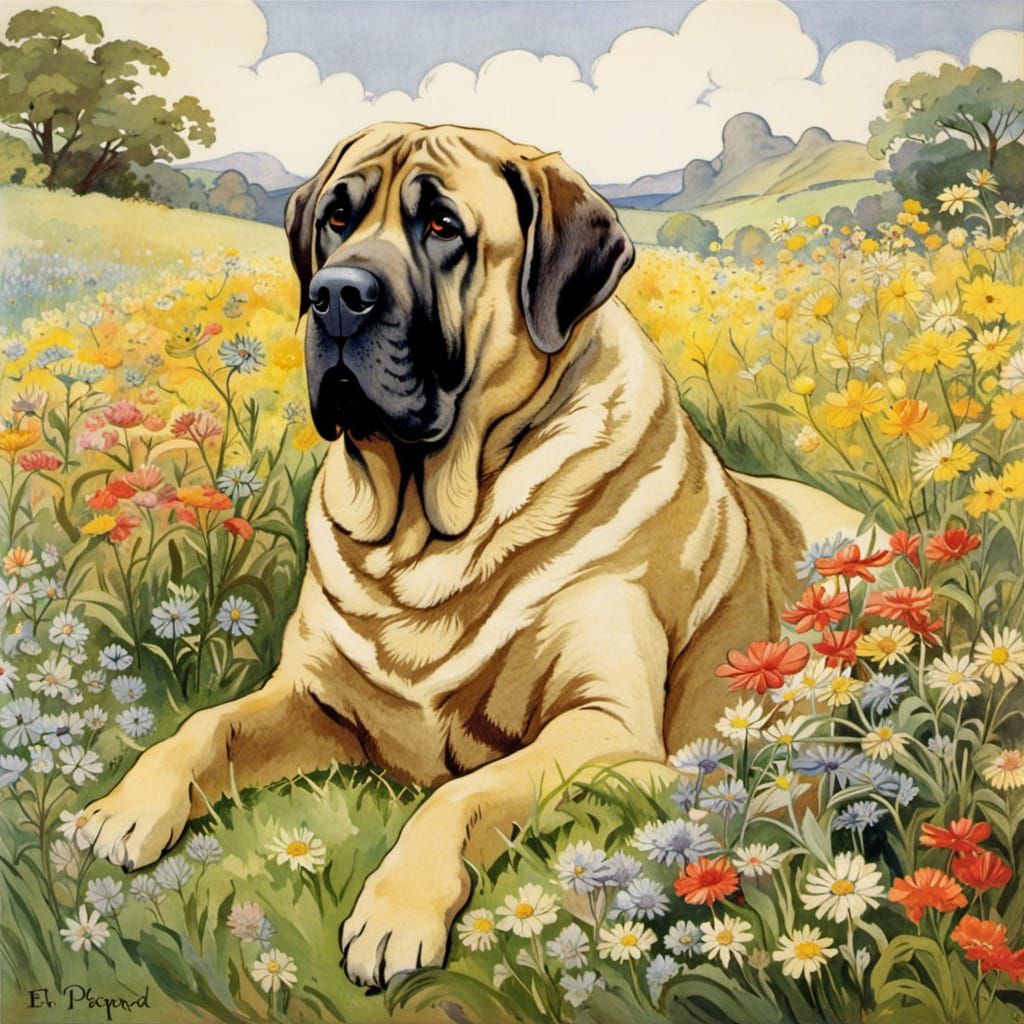 Mastiff Nap in Wildflower Meadow: Storybook Illustration