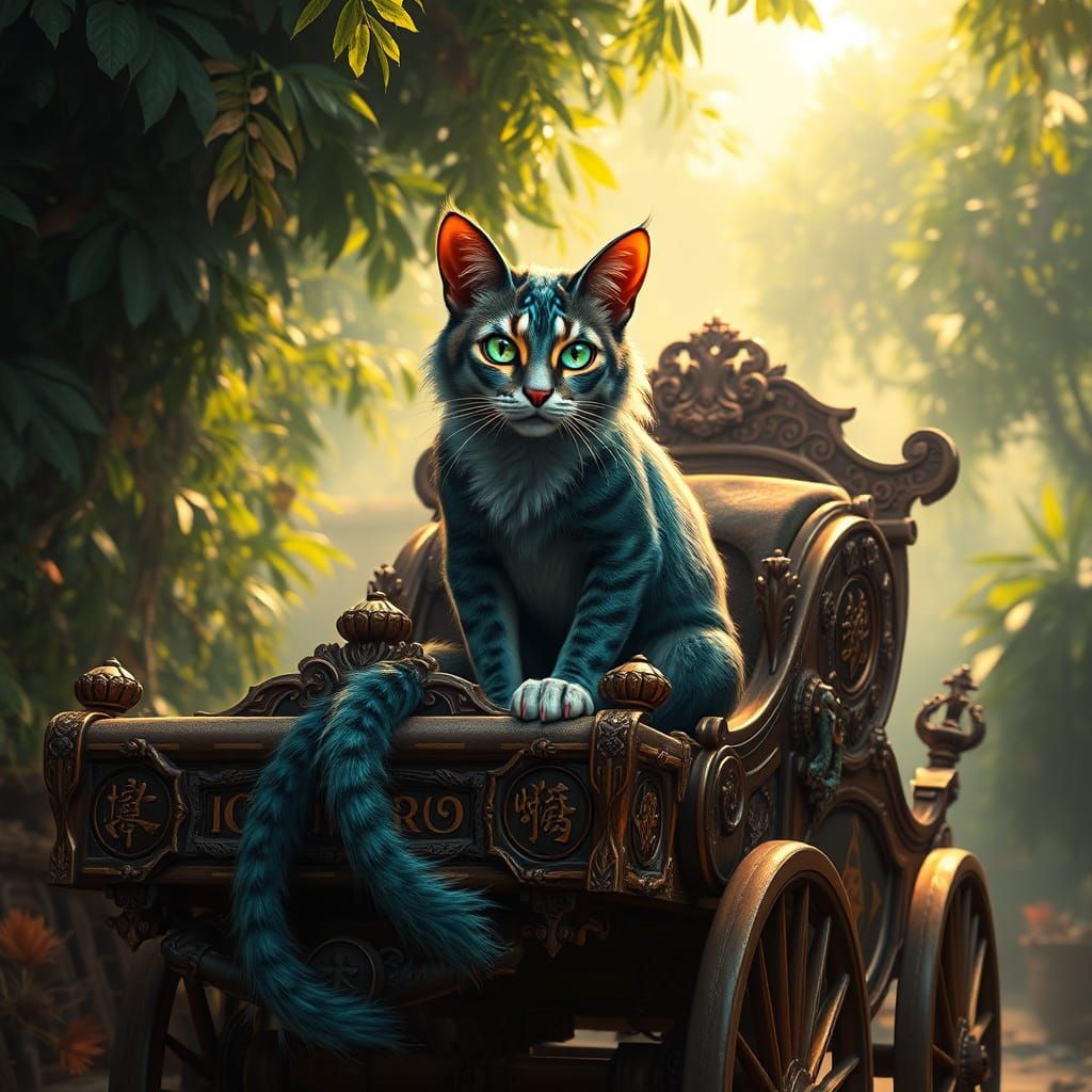 Regal Feline in Whimsical Woodland Cart