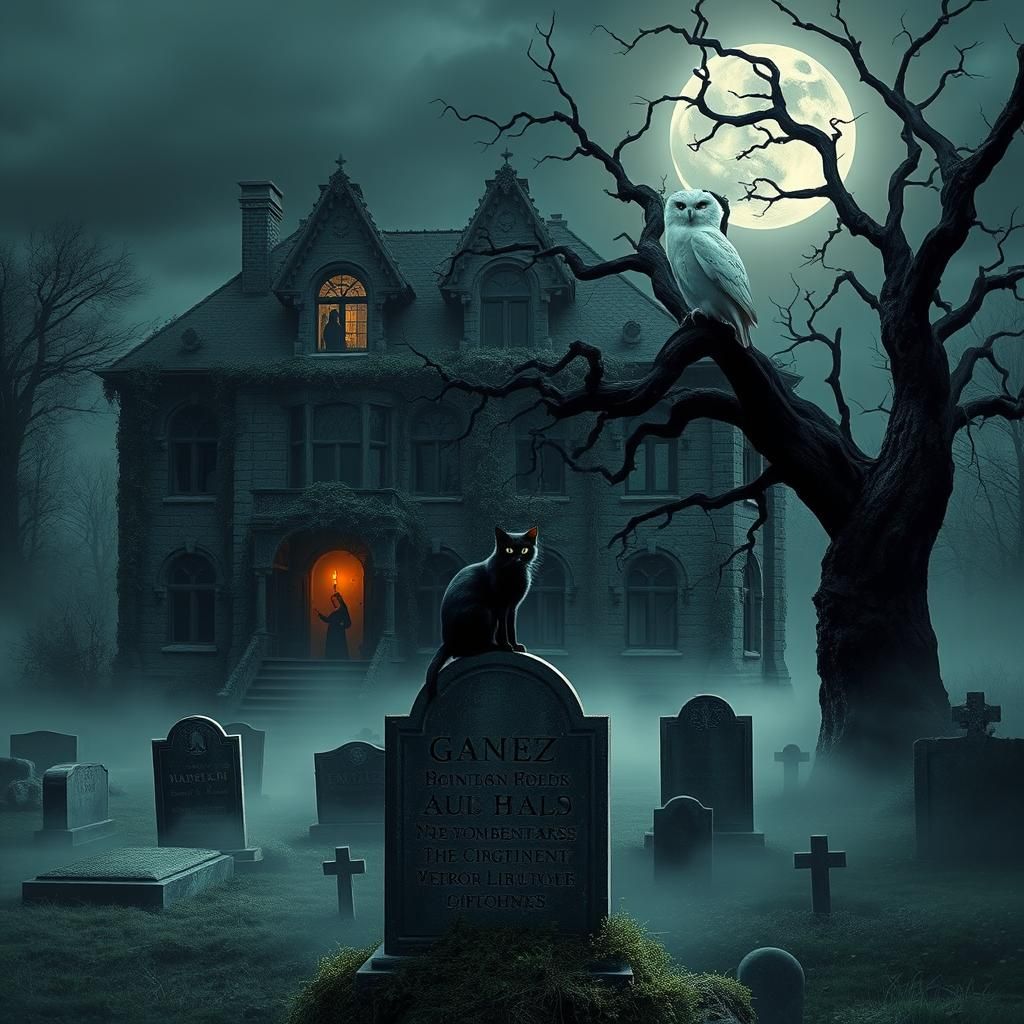 Eerie Graveyard and Mansion in Moonlight