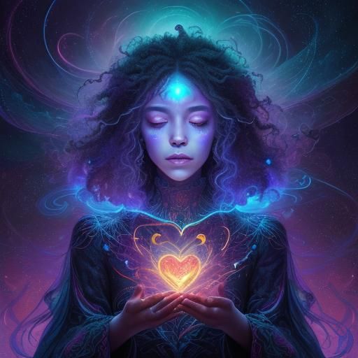 Burning Heart in Starry Sky: Surrealist Fantasy Art