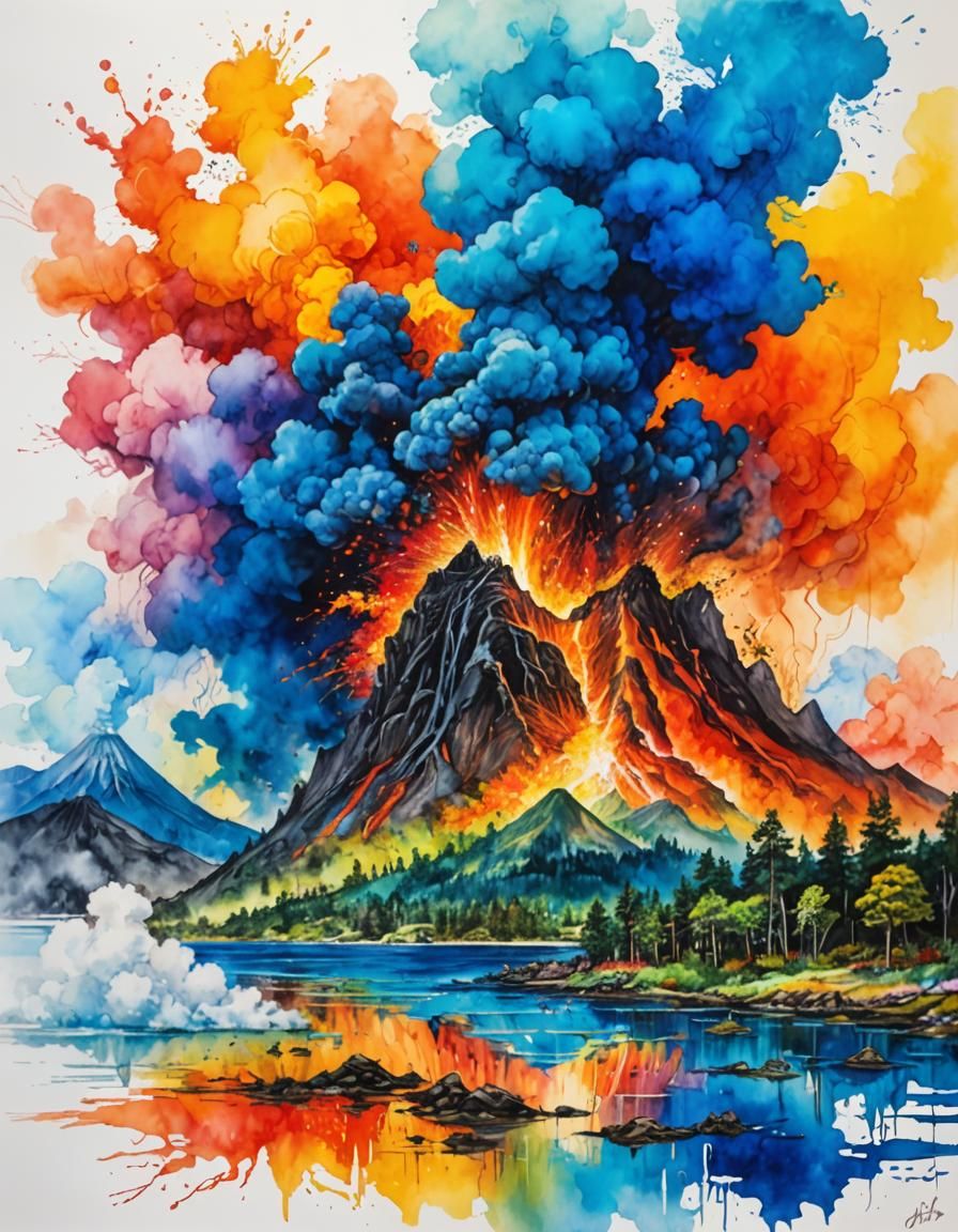 Erupting Volcano in Fantasy Forest: Watercolor Art
