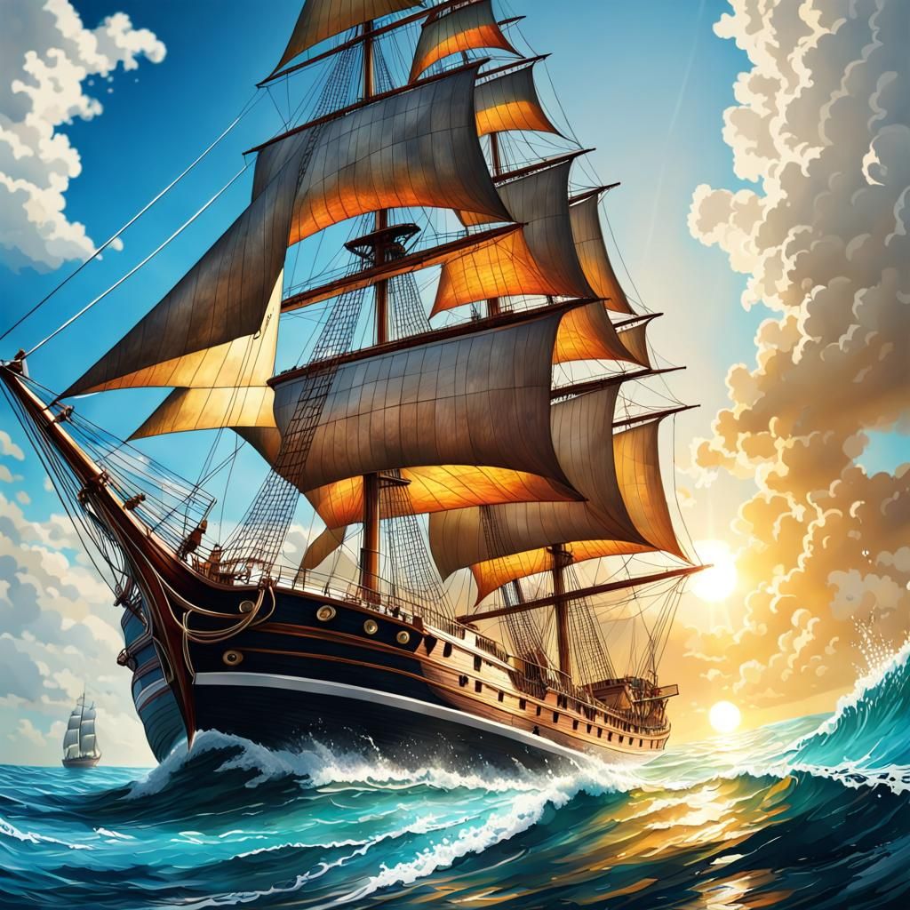 Sailing Ship in Caribbean: Hyperrealistic Splash Art