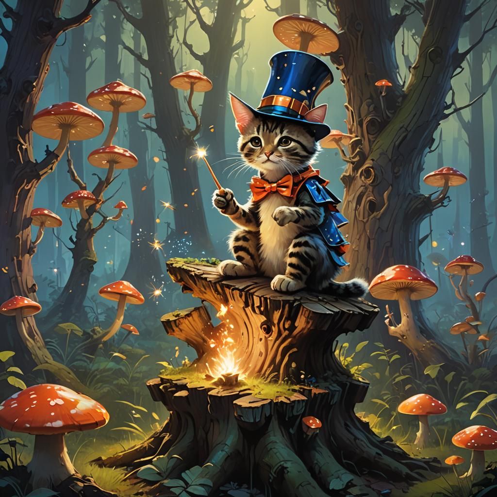 Kitten Drummer in Whimsical Glowing Forest