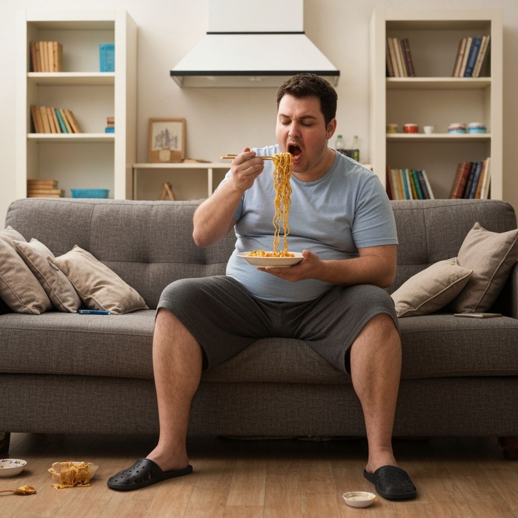 Fat Man Enjoys Juicy Noodles in Messy Home