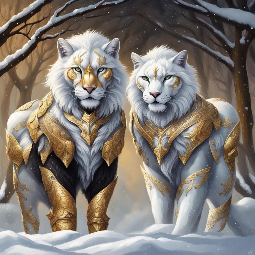 Mystical Armored Lions with Wings in the Snow