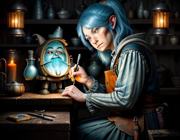 Gnome Repairing Automaton in Dark Fantasy Style