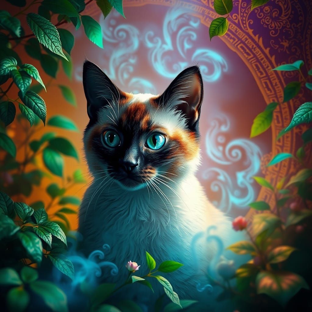 Mystical Siamese Cat in Fantasy Environment