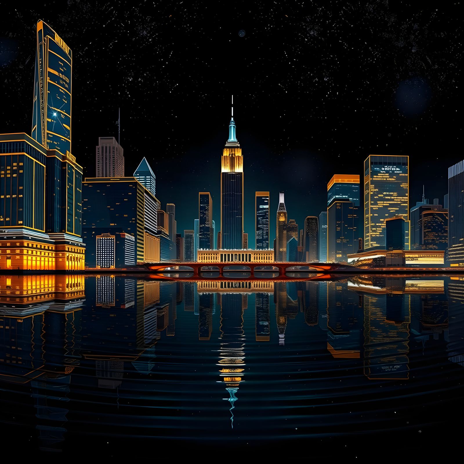 Bioluminescent New York City Skyline Reflection