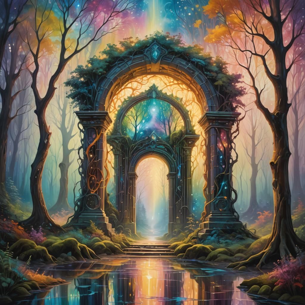 Mystical Portal in Iridescent Forest: Digital Oil Painting