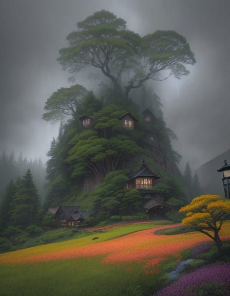 Village Under Rainy Season's Misty Veil in Sumi-e Style