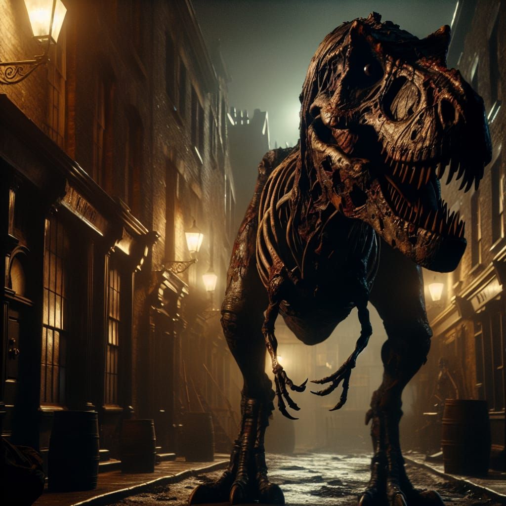 Undead T-Rex in Victorian City at Night