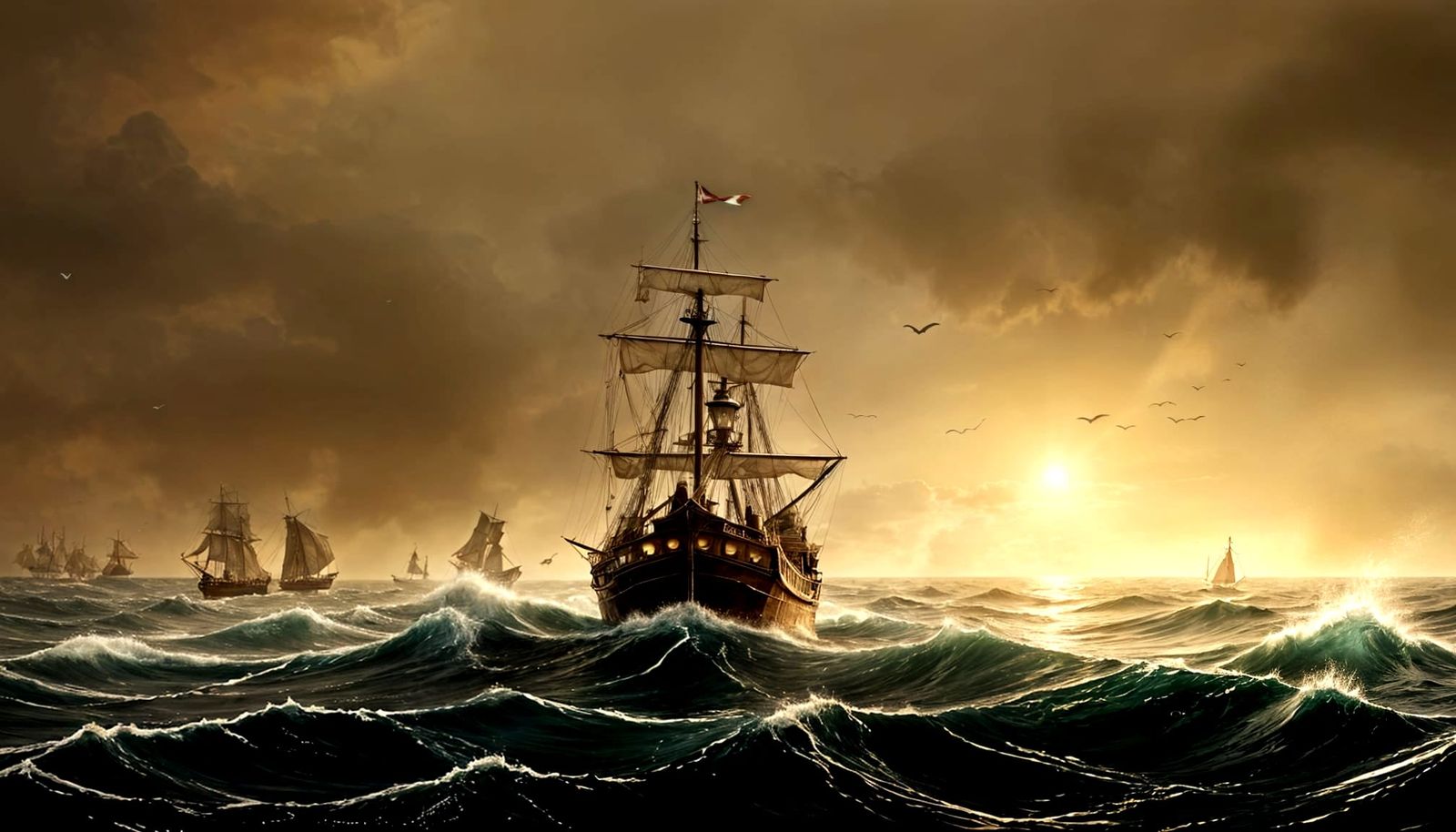 Vintage Sailing Ship on Stormy Seas