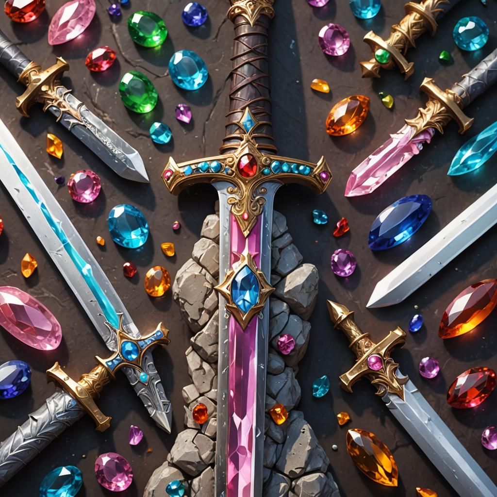 Gem-Encrusted Sword Concept Art in Hyperrealistic Style