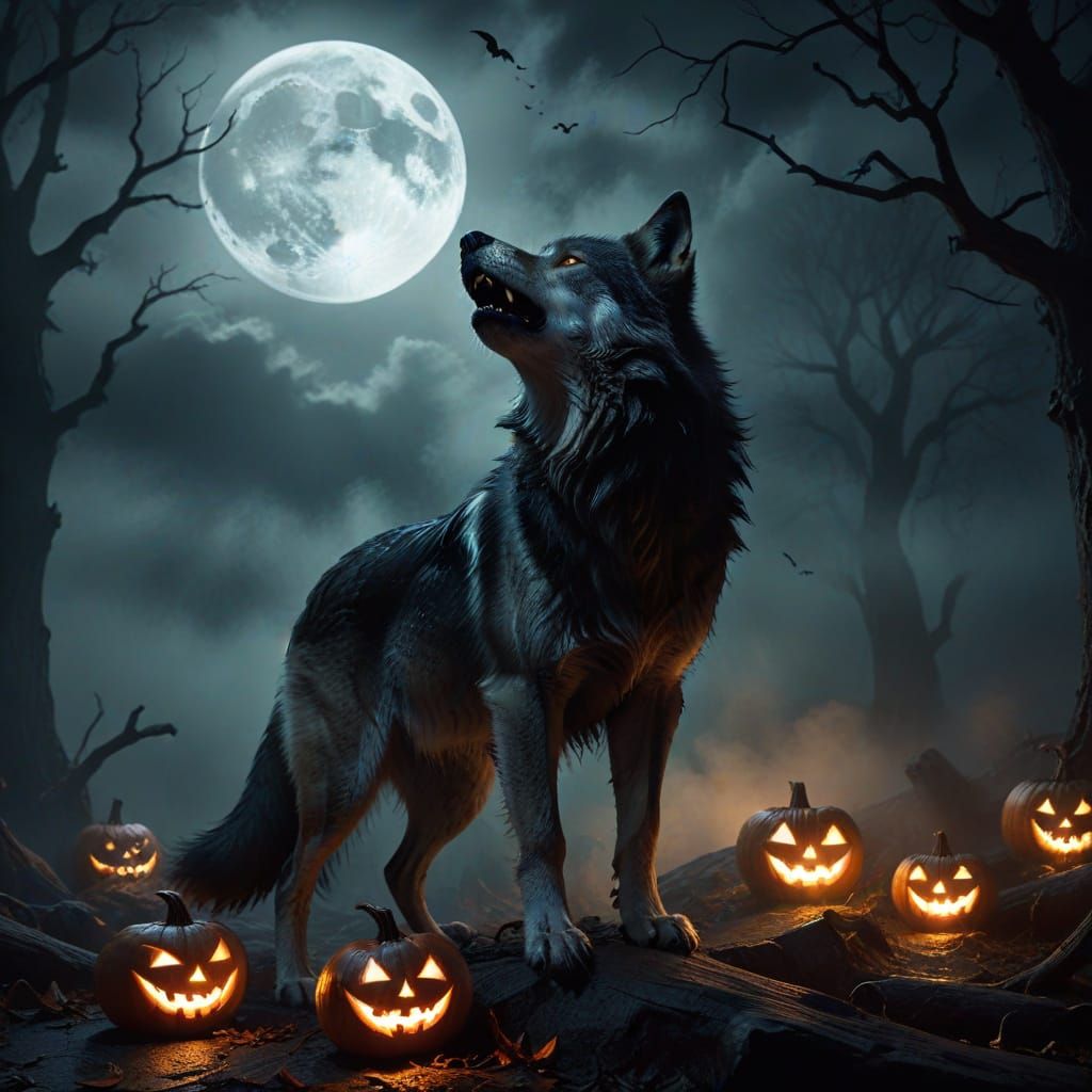 Gothic Wolf Pirate Howls Under Halloween Moon