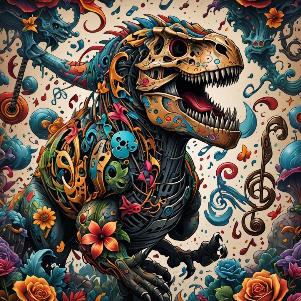Surreal Tattoo Design with T-Rex and Music