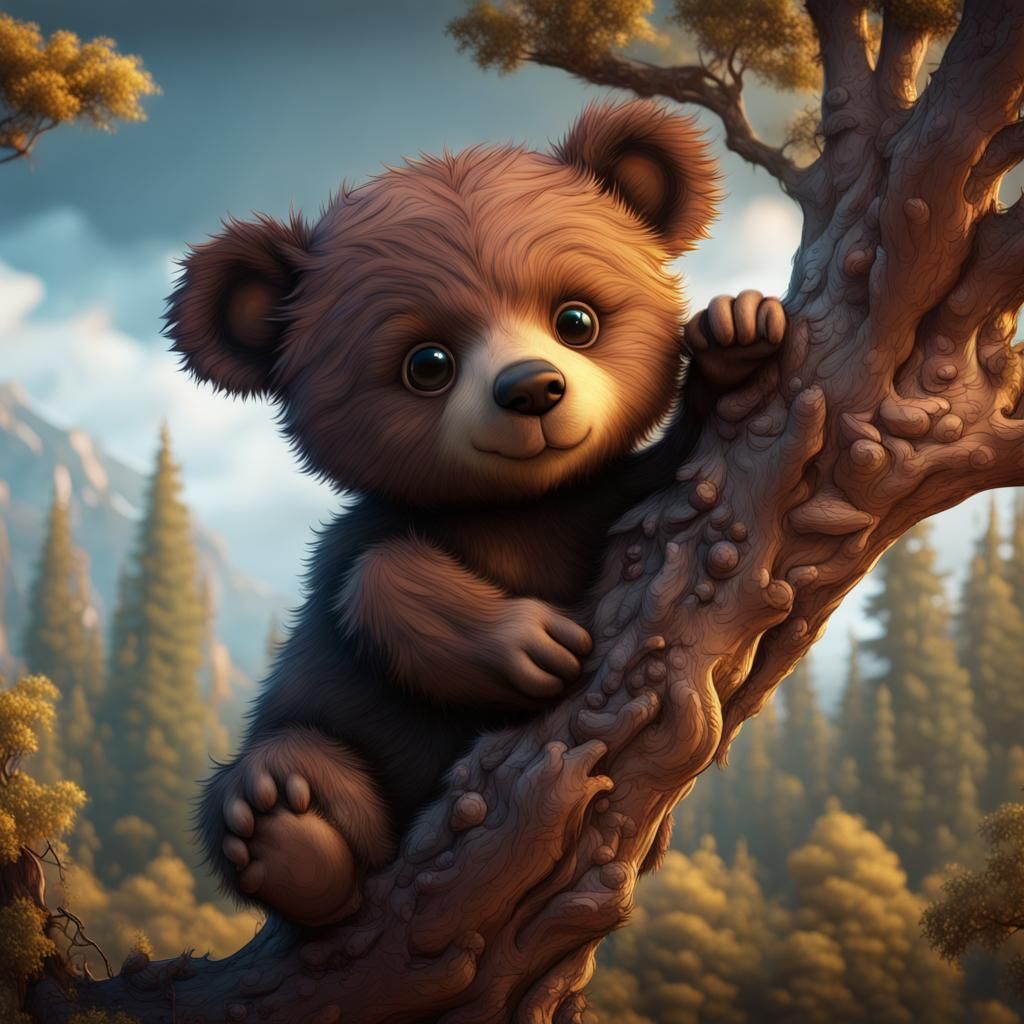 Cute Baby Bear in Tree: Fantasy Concept Art