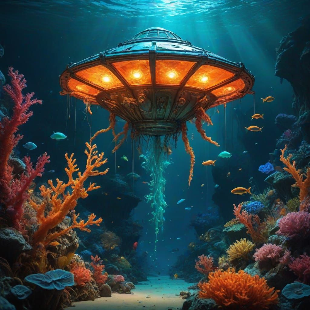 Envision a bioluminescent rocket ship crafted from living co...