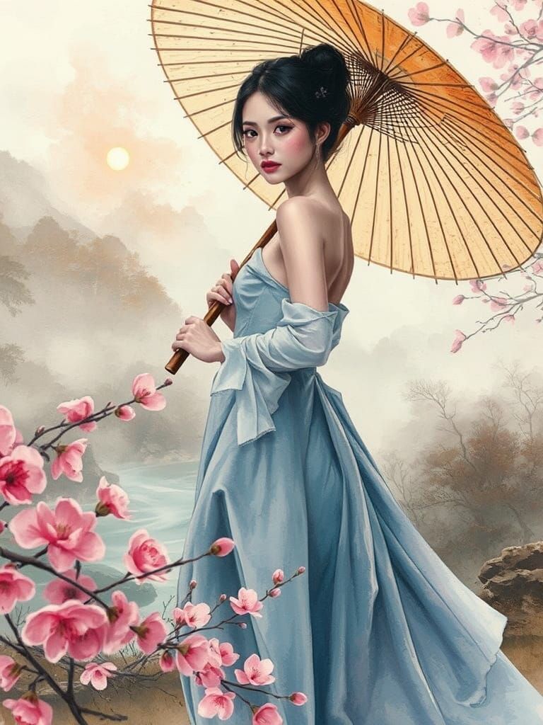 Serene Japanese Model in Neoclassical Carne Griffiths Style