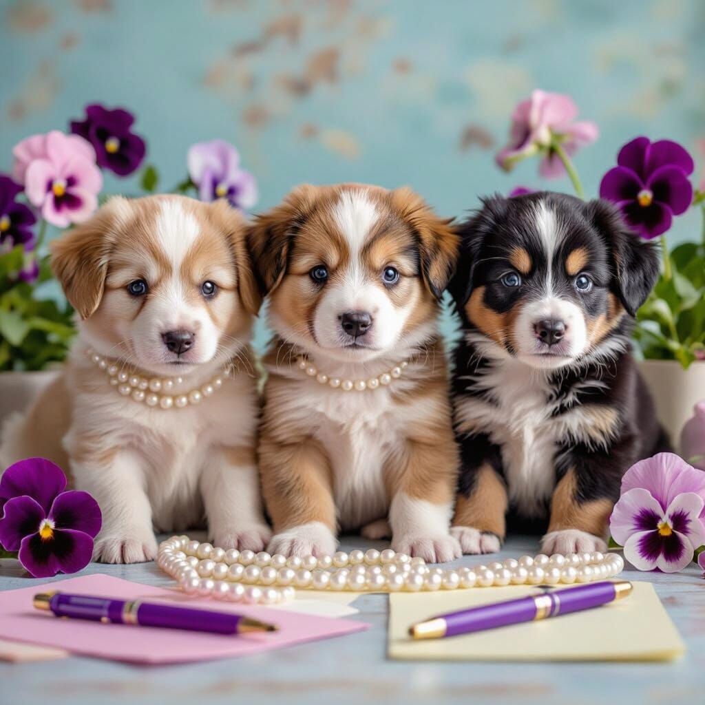 Puppies with Pearls and Pansies in Cinematic Style