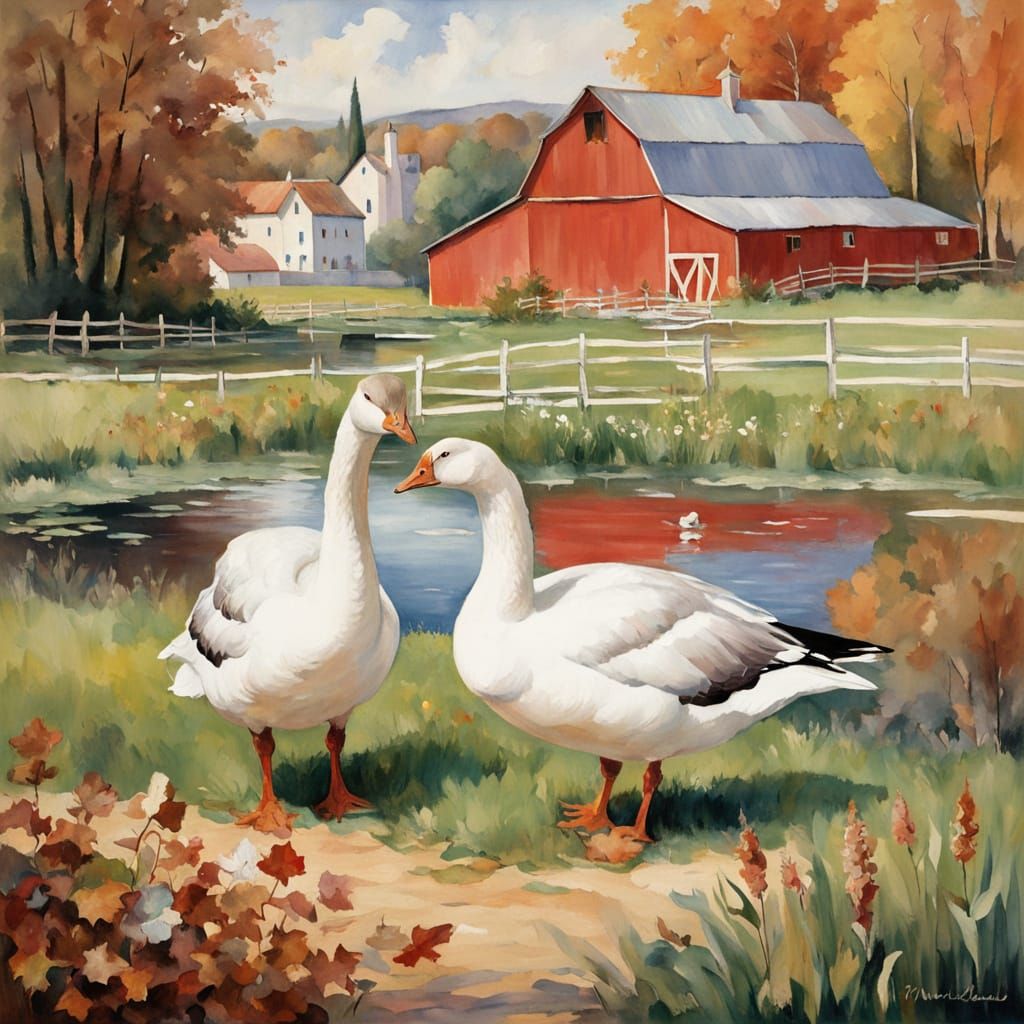 Idyllic Rural Scene with Goose in Watercolor Style