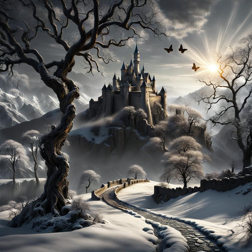 Eerie Winter Castle with Intricate Details
