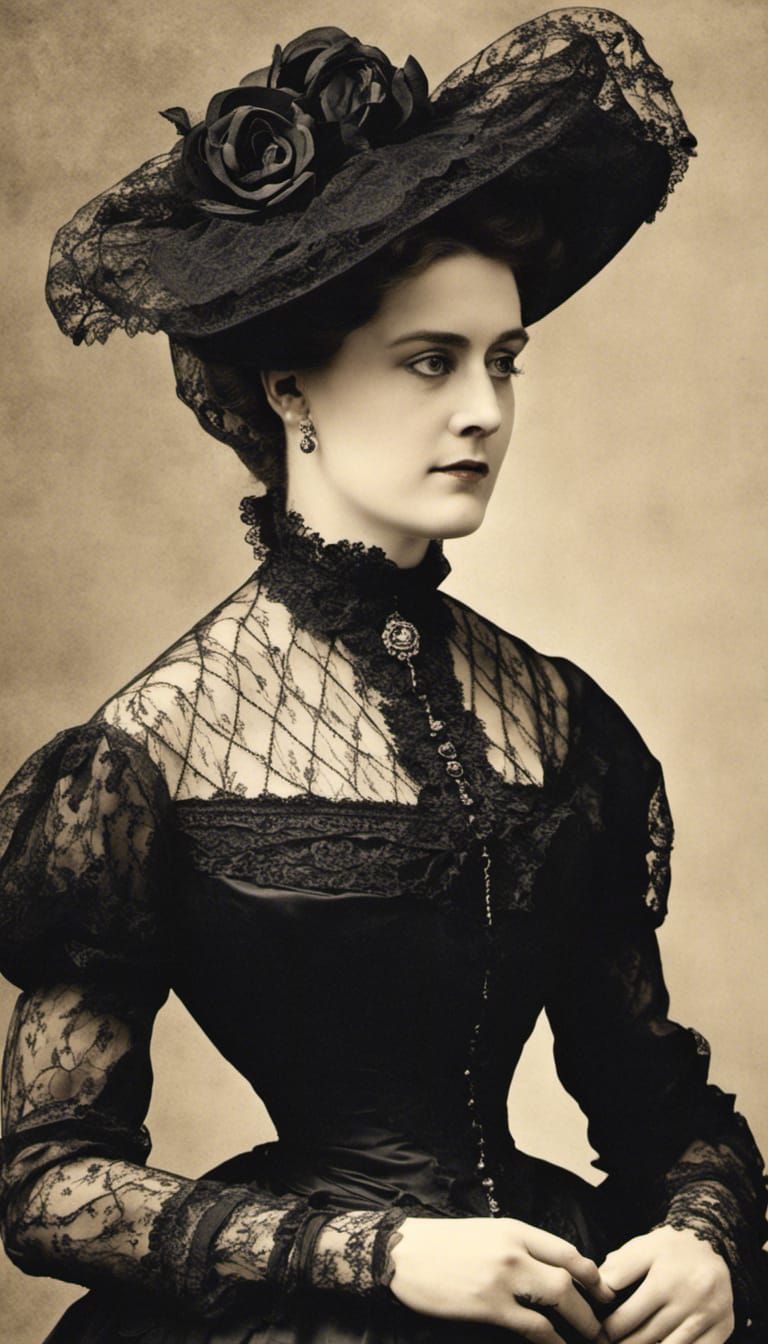 Victorian Widow in Black Lace Mourning Gown