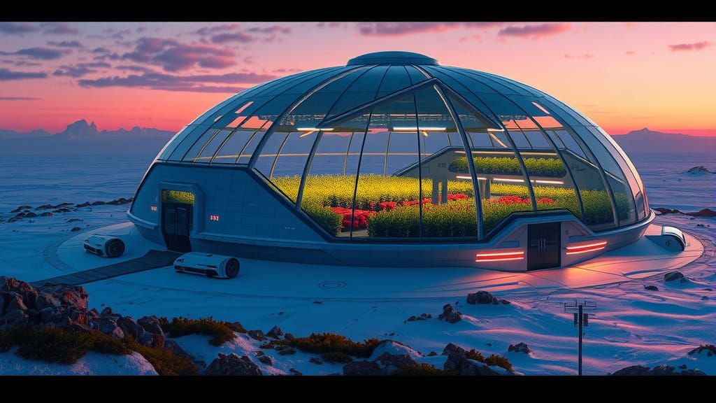 Futuristic Arctic Greenhouse Landscape in Neon Style
