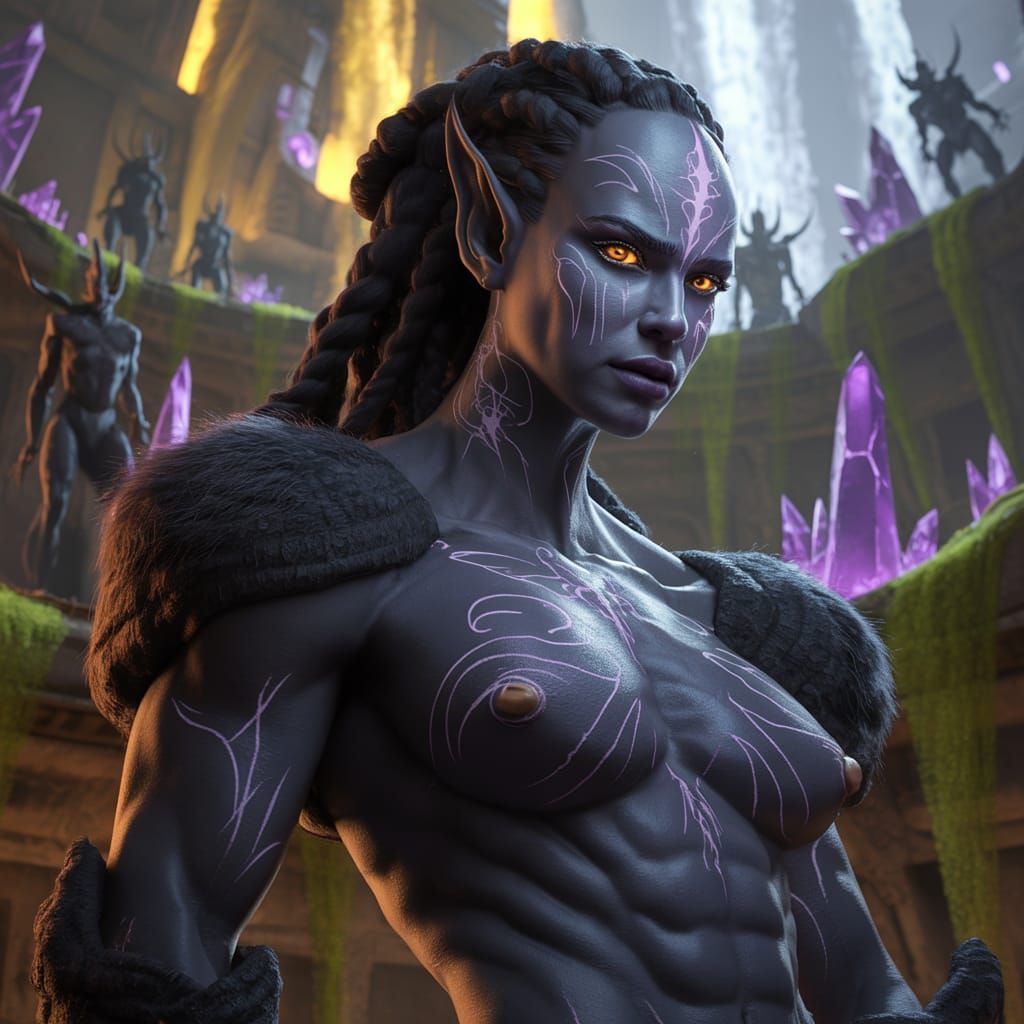 Intimidating Drow Muscle Woman in Dark Fantasy Art