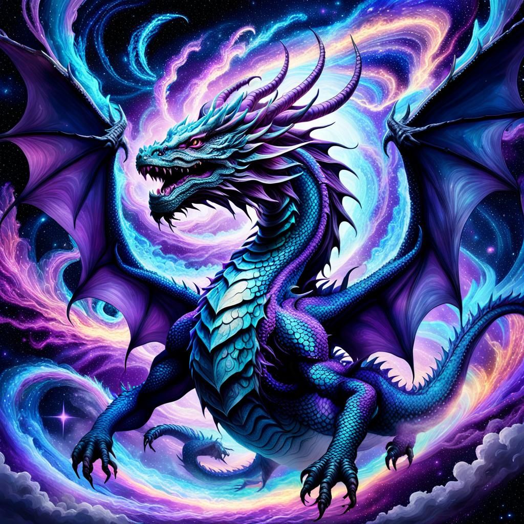 Cosmic Dragon Soaring Through Galaxy, Visionary Art
