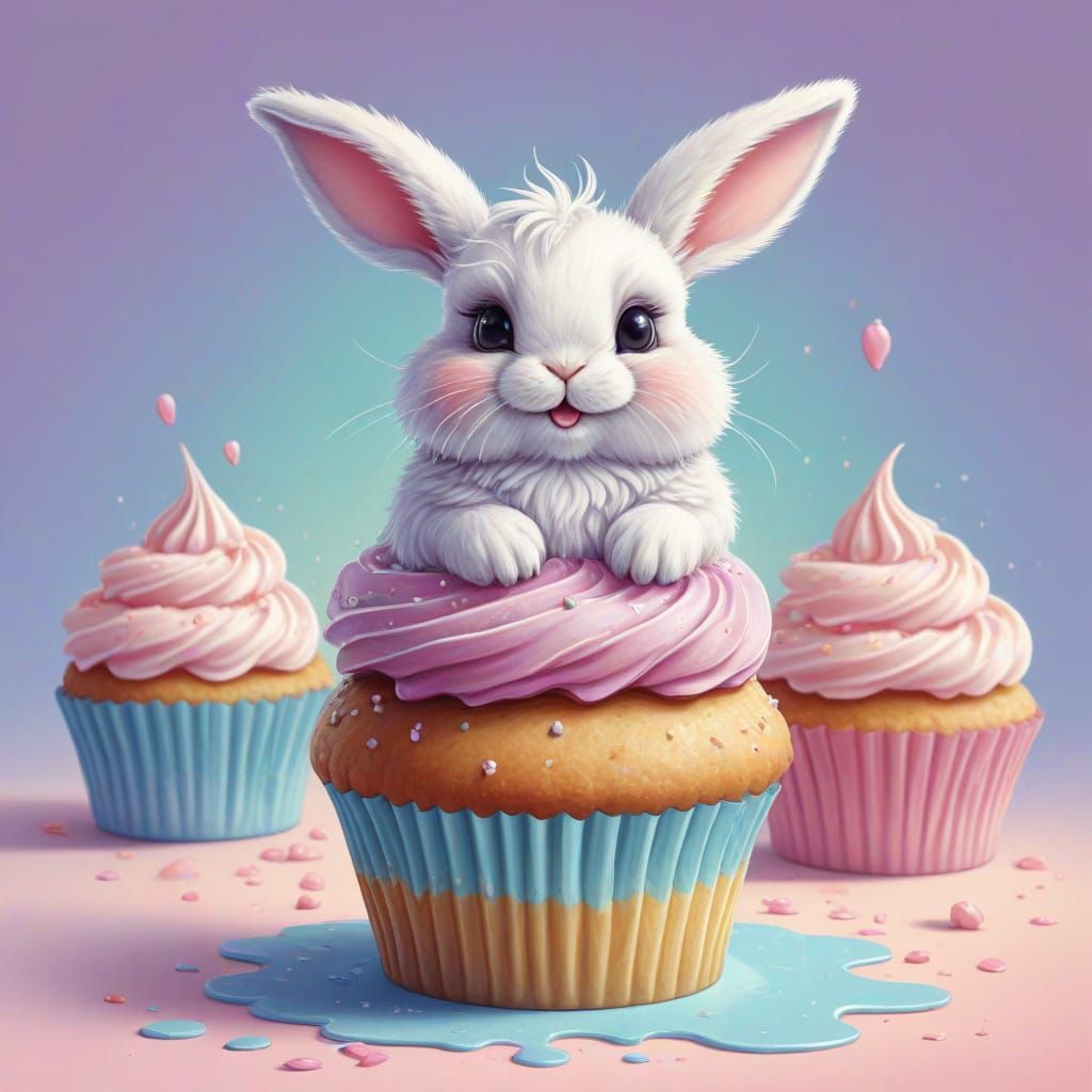 Fluffy Bunny on Cupcake in Naive Airbrush Art