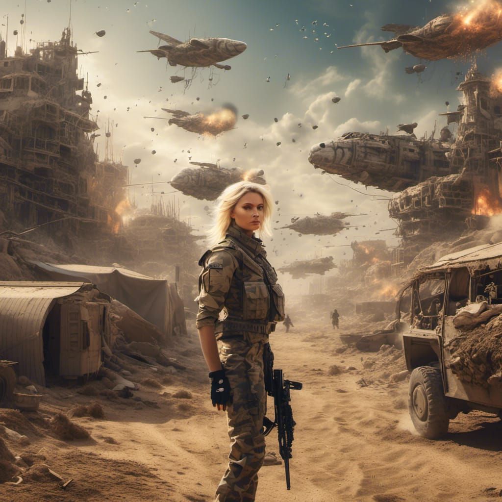 Blonde Military Woman in Desert Combat Zone
