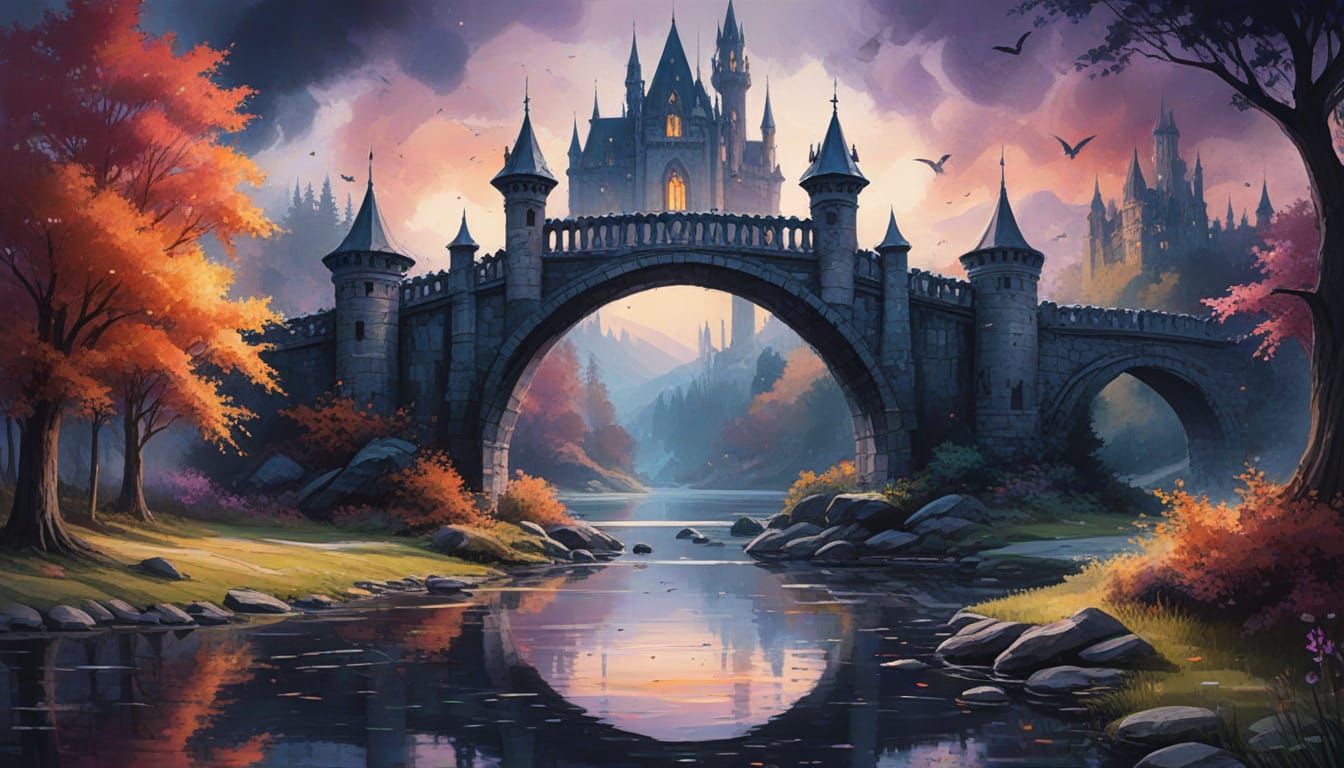 Whimsical Fantasy Bridge Crossing Shimmering Lake in Dreamy ...