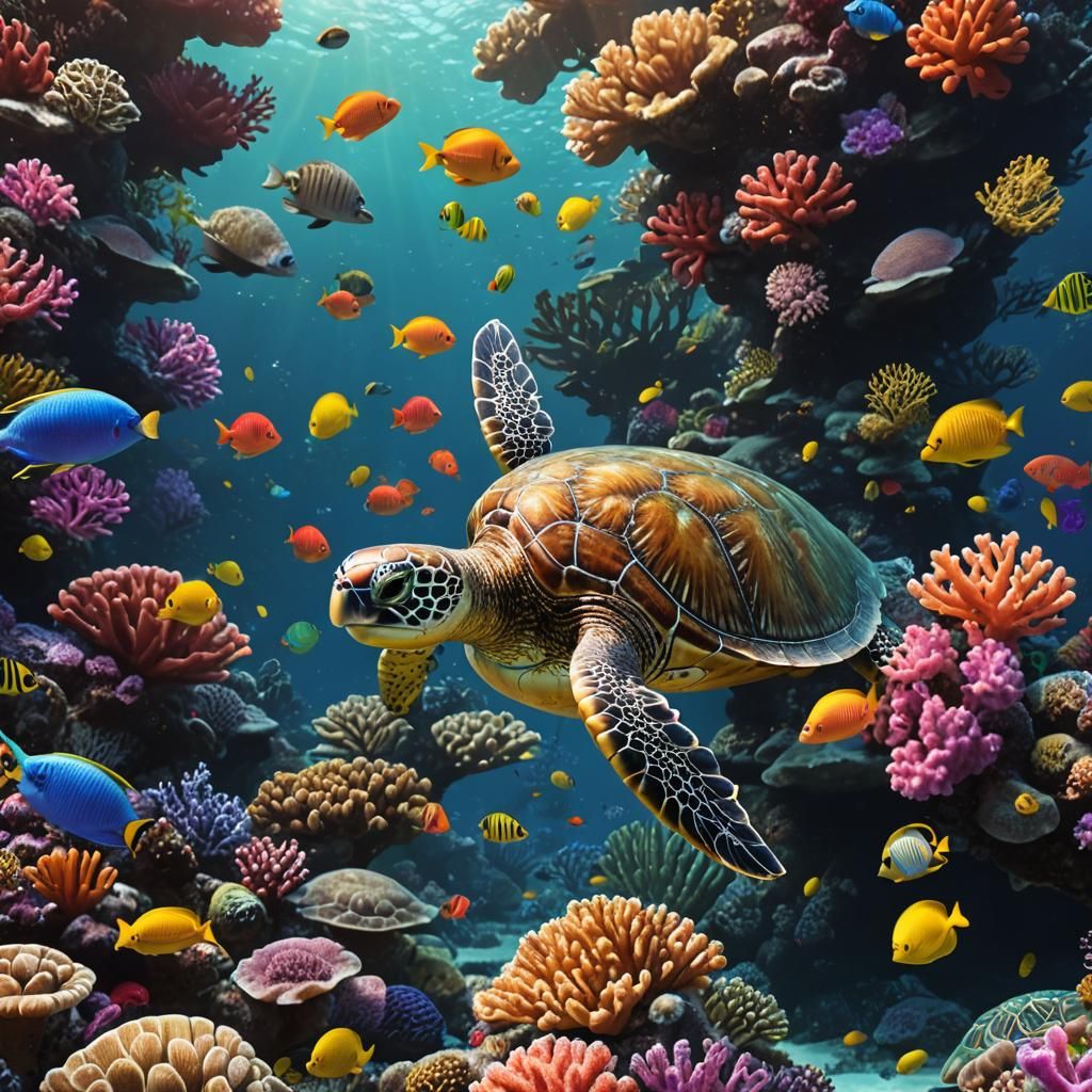 Sea Turtle Swimming with Coral: Detailed Matte Painting