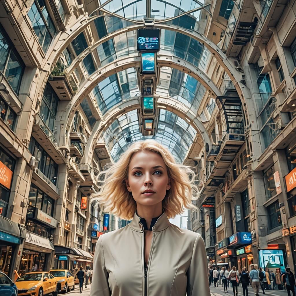 Busty Blonde in Futuristic Cityscape Photo