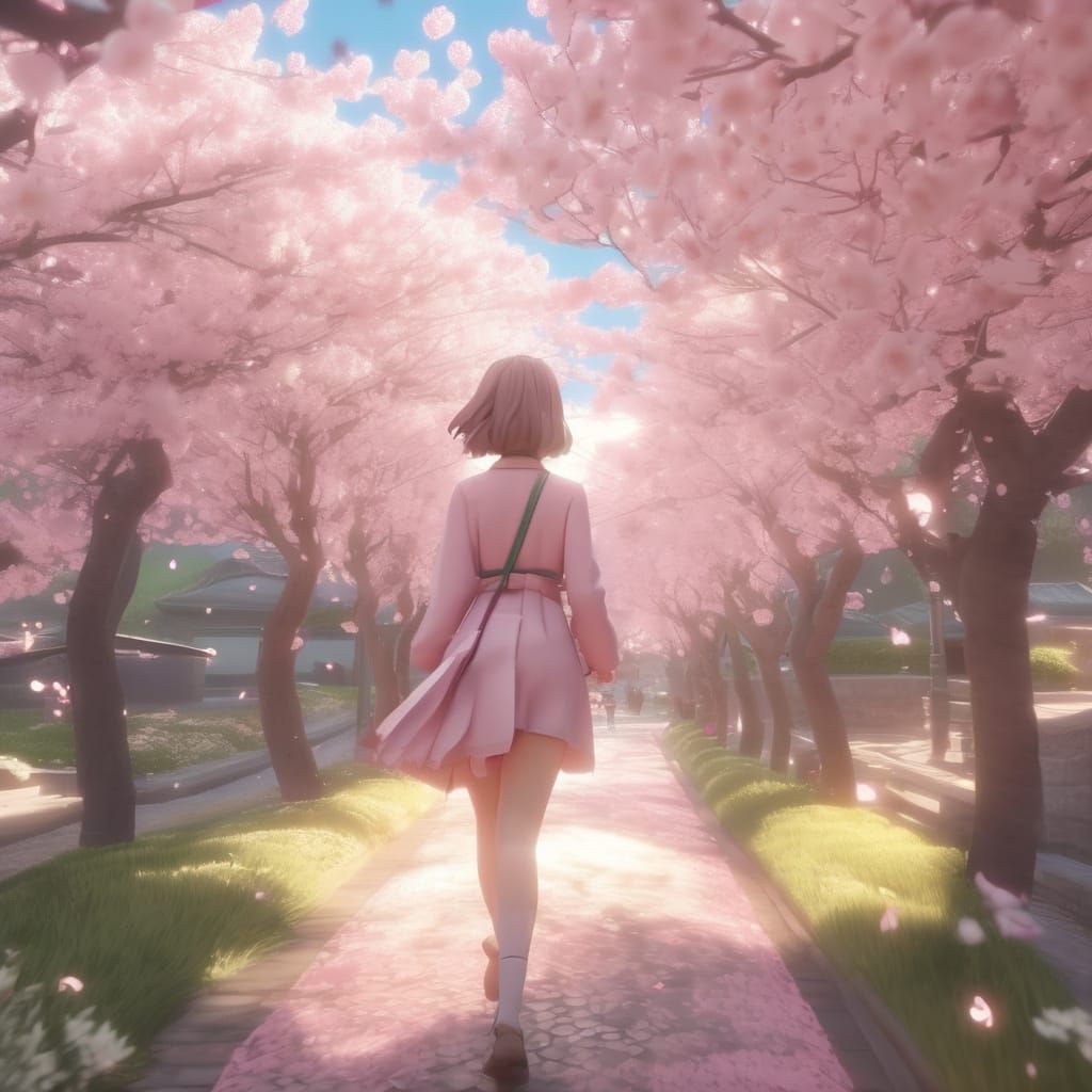 Anime Girl Walking Past Cherry Blossoms in 3D Art
