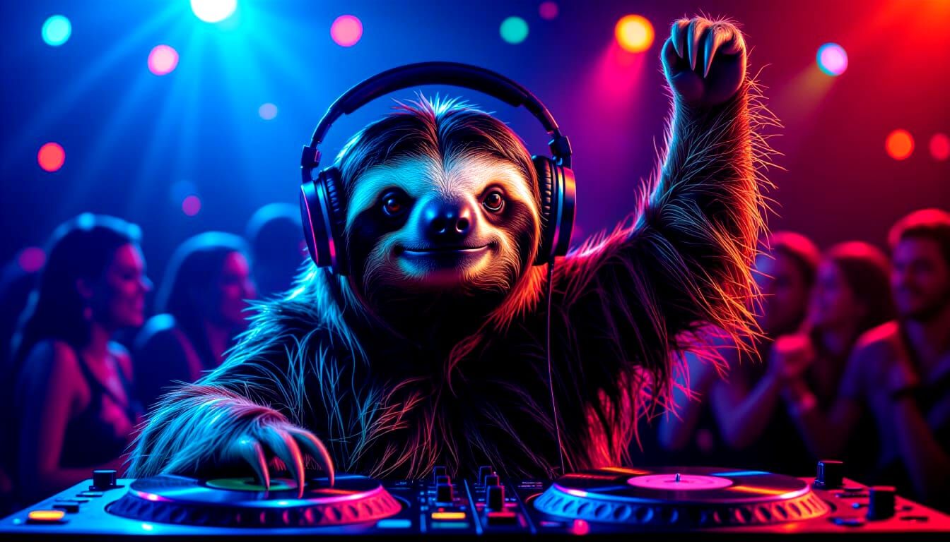 Sloth DJ Spins Records in Neon Nightclub