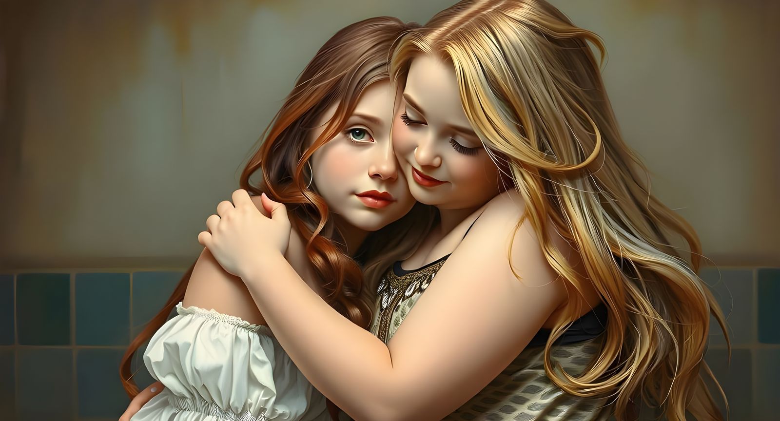 Elegant Auburn Haired Girl Hugs Blonde Friend