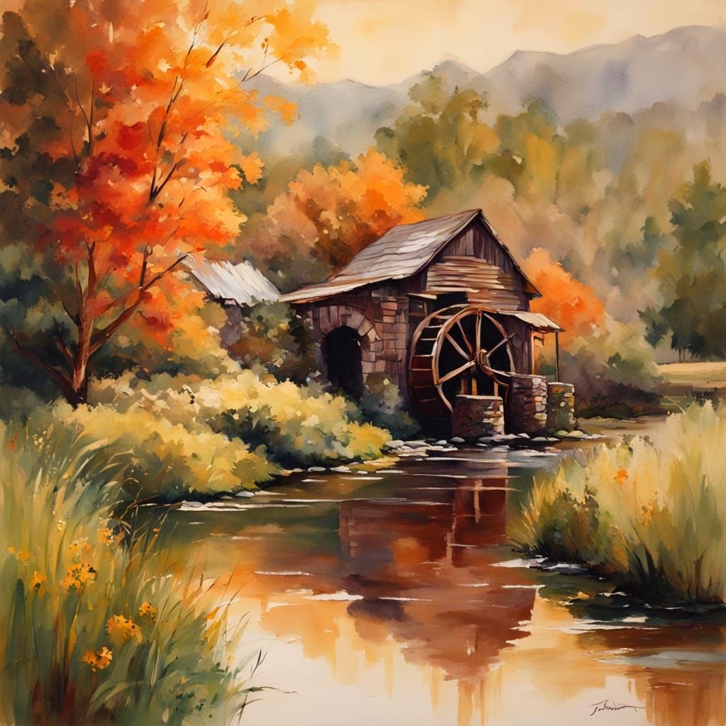 Waterwheel Scene in Impressive Watercolor Style