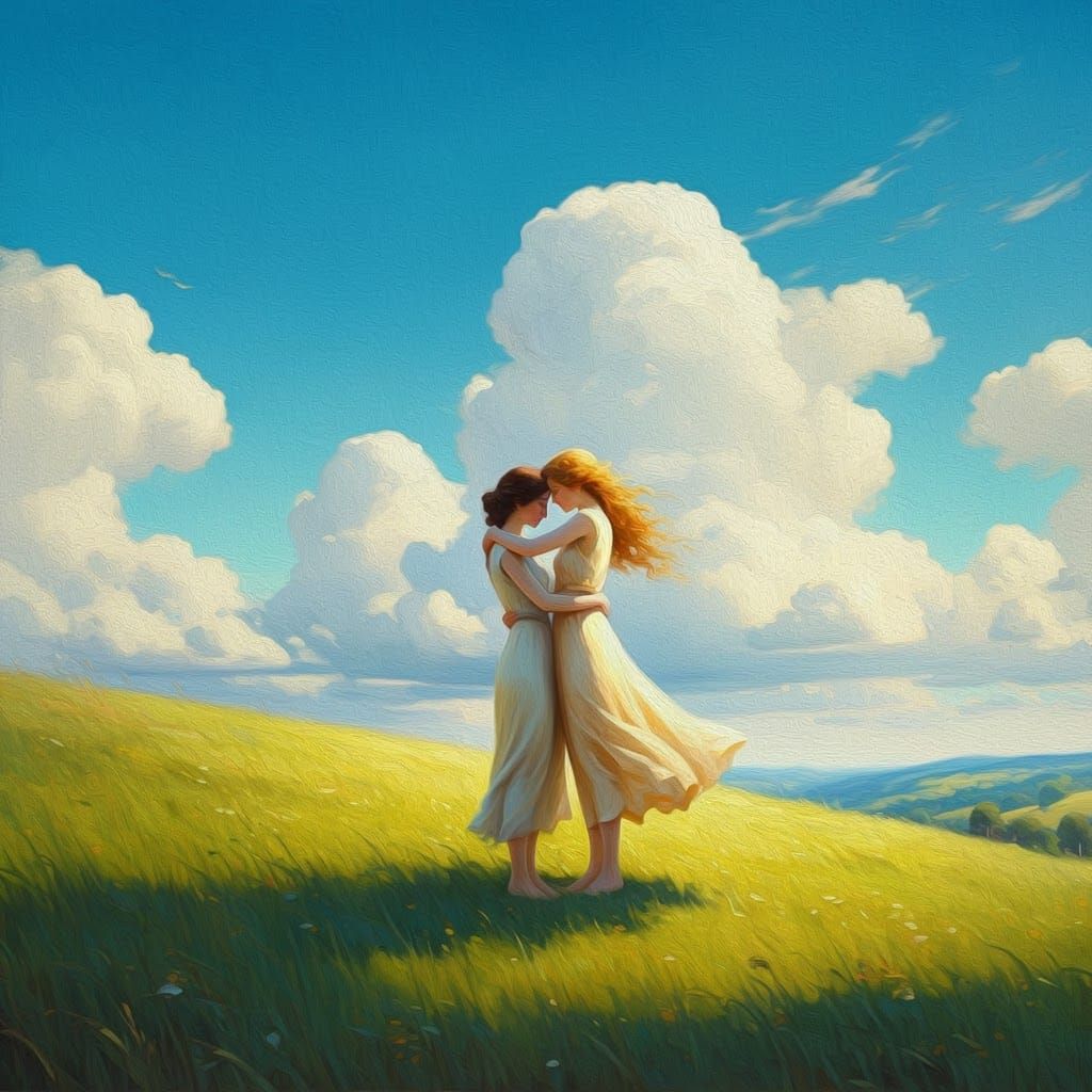 Women Embrace Under Cirrus Clouds: Impressionistic Oil Paint...