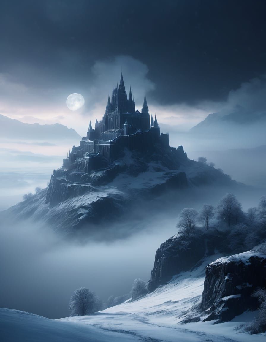 Surreal Fortress Amidst a Frozen, Mystical Landscape