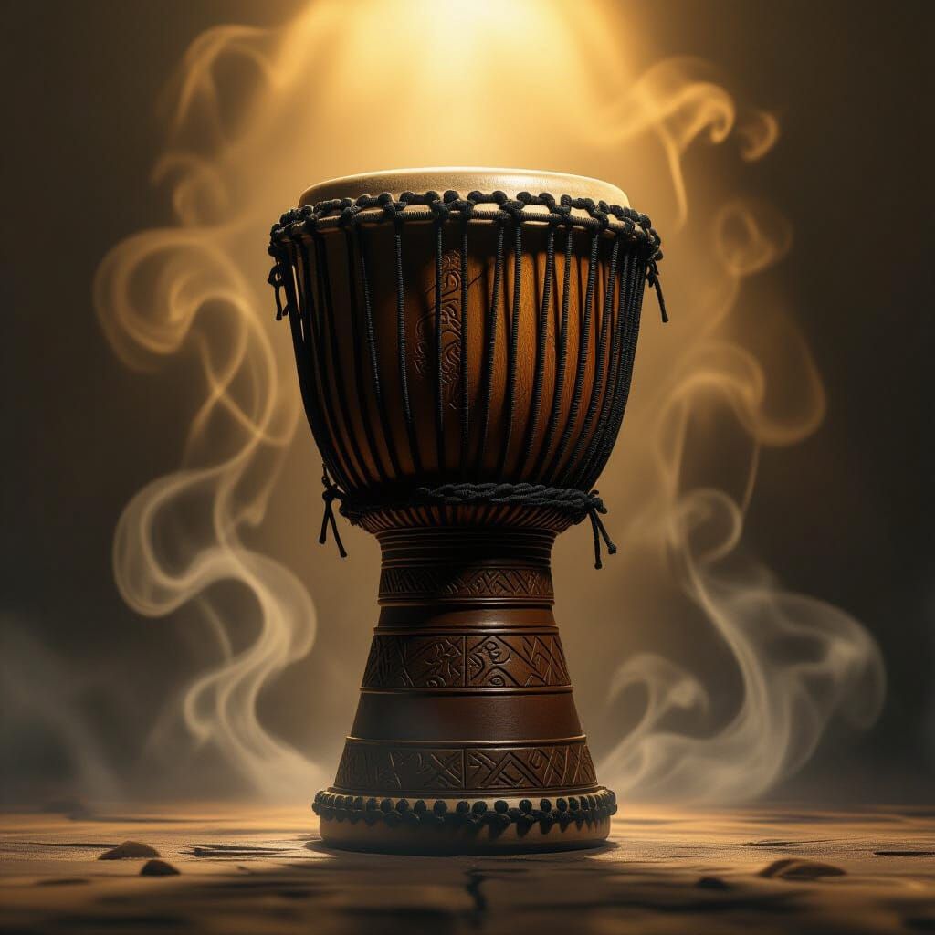 Mystical Yoruba Drum in Eerie, Symbolic Oil Painting
